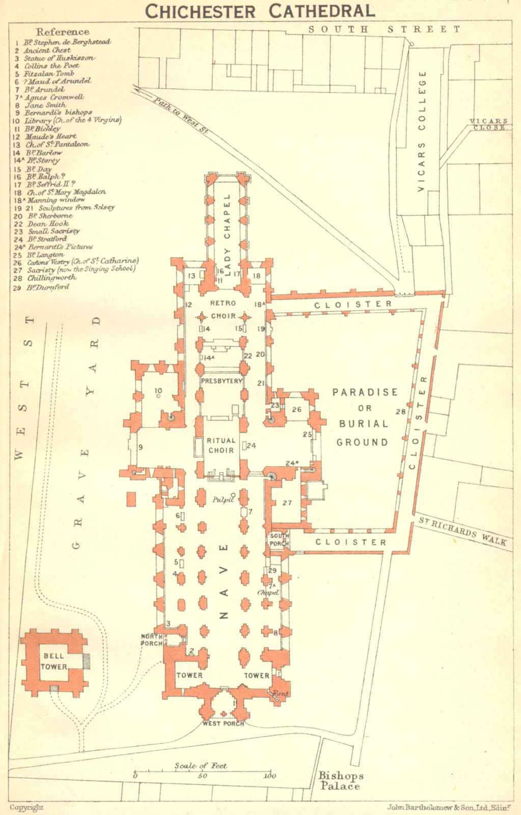 SUSSEX. Chichester cathedral 1924 old antique vintage map plan chart